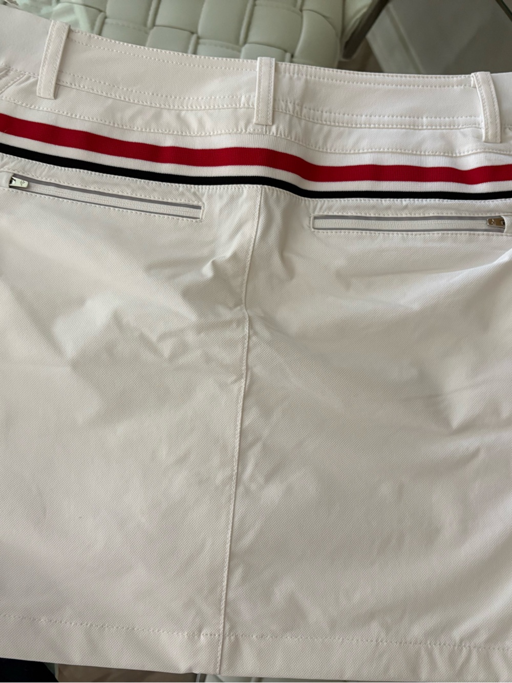 White Skirt with Red and Black Stripe Accent